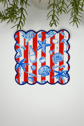 Red White Striped Blue Sea Objects Patterned Embroidered Edge Cocktail Napkin 1 Piece